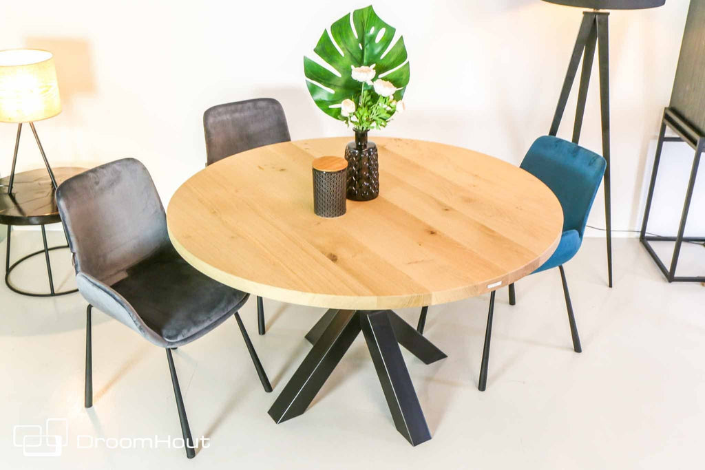 Ronde eettafel DREAUM van massief eiken hout en staal - bruin en zwart