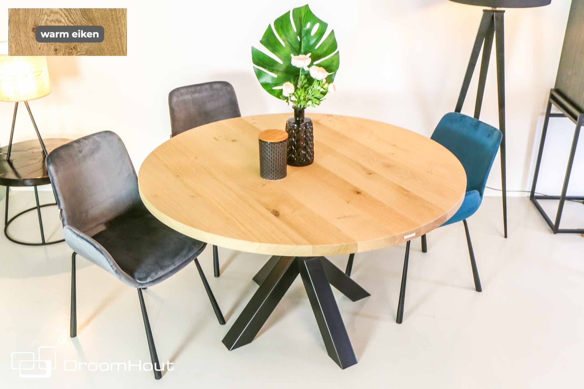 Ronde eettafel DREAUM van massief eiken hout en staal - bruin en zwart