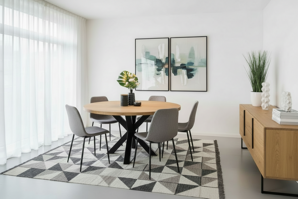 Ronde eettafel DREAUM van massief eiken hout en staal - bruin en zwart