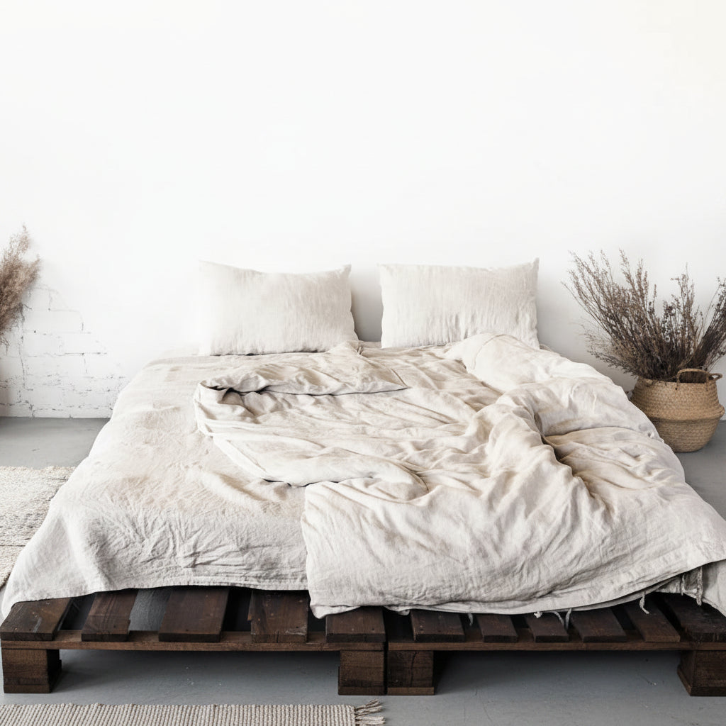 100% linnen dekbedovertrek met strik sluiting - licht beige