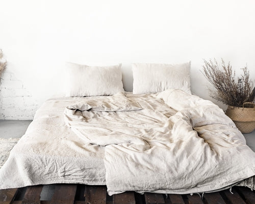100% linnen beddengoed set met strik sluiting - licht beige