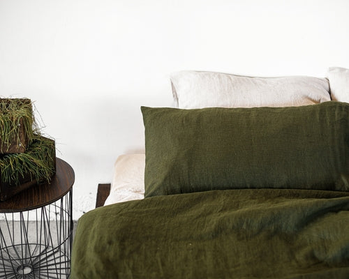 100% linnen beddengoed set compleet met ritssluiting - olijf groen