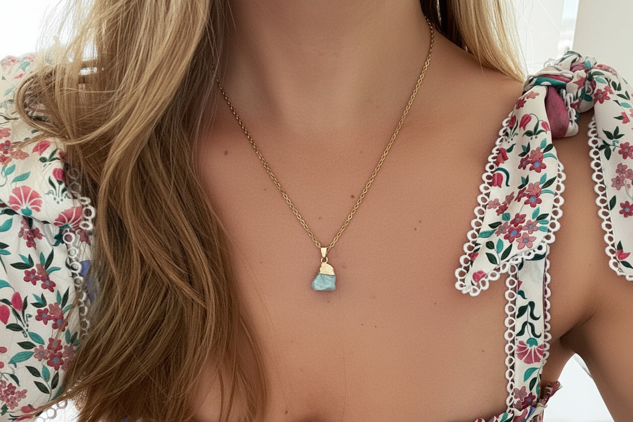 Handgemaakte Amazoniet ketting voor geluk en harmonie - blauw groen en goud