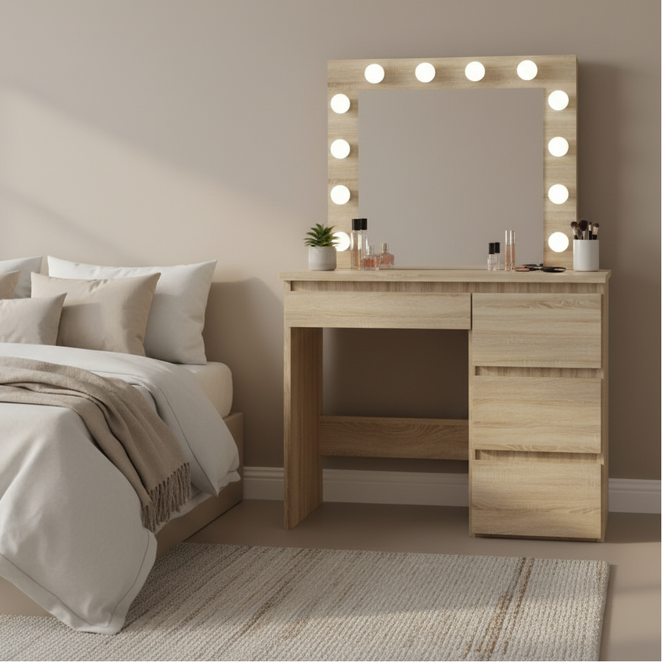 Kaptafel slaapkamer met spiegel en led verlichting - hout