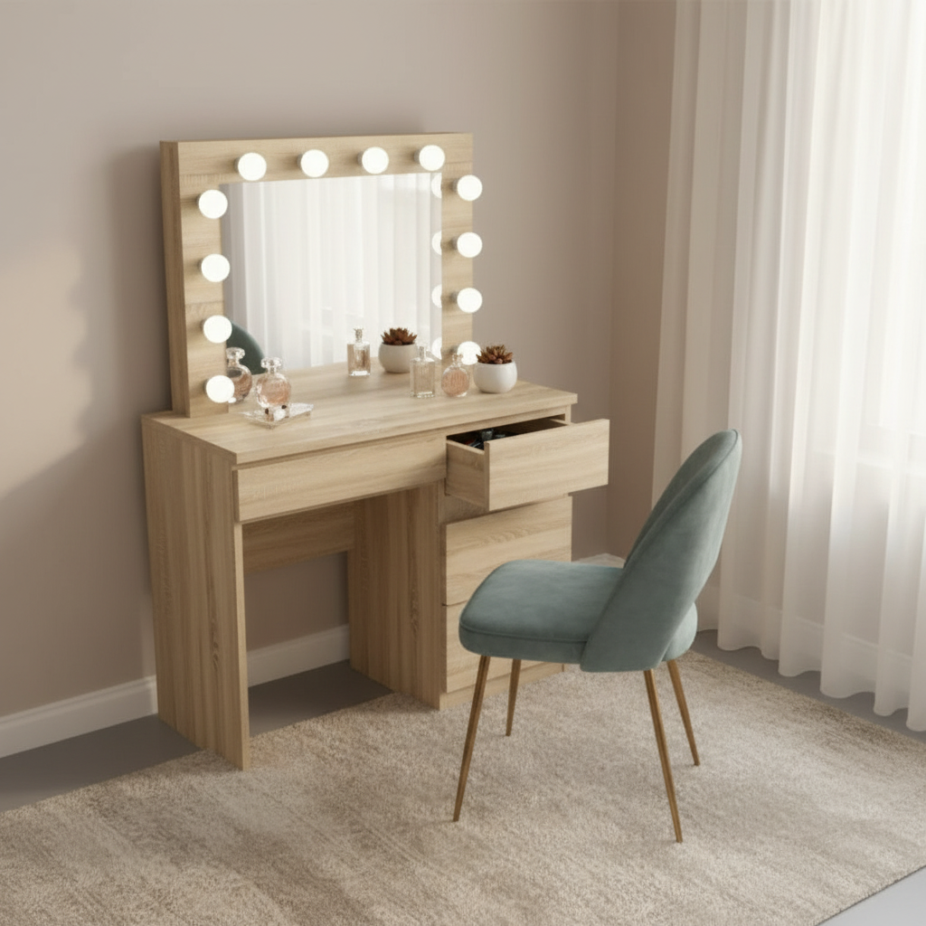 Kaptafel slaapkamer met spiegel en led verlichting - hout