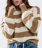 Striped turtleneck sweater with wool - white and brown
