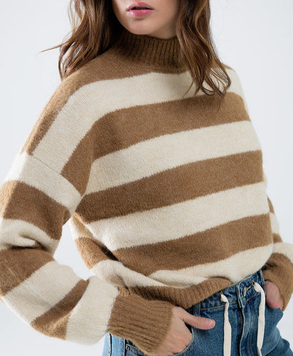 Gestreepte turtleneck sweater met wol - wit en bruin