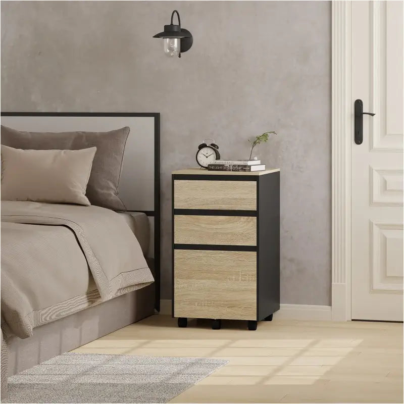 Mobiele archief kast compact met wielen en 3 lades - licht of rustiek donker hout