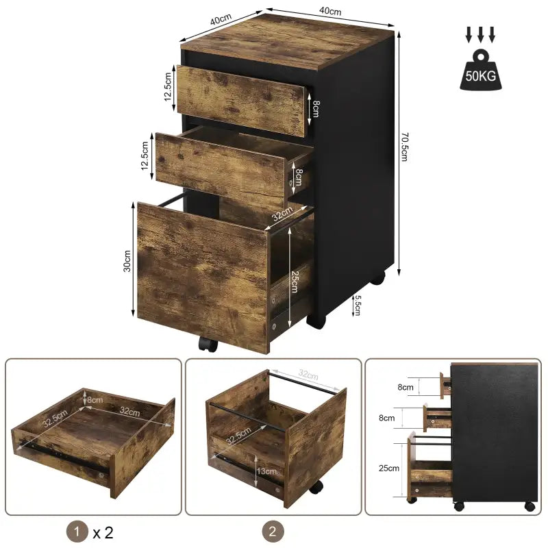 Mobiele archief kast compact met wielen en 3 lades - licht of rustiek donker hout