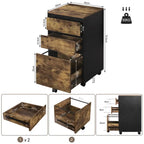 Mobiele archief kast compact met wielen en 3 lades - licht of rustiek donker hout