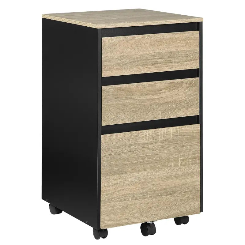Mobiele archief kast compact met wielen en 3 lades - licht of rustiek donker hout