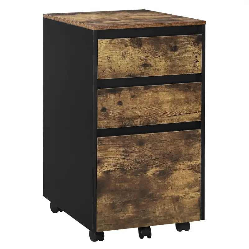 Mobiele archief kast compact met wielen en 3 lades - licht of rustiek donker hout