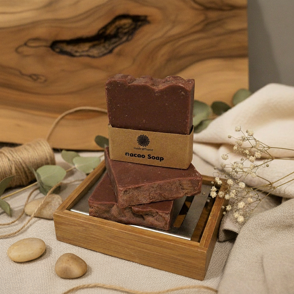 Handgemaakt set natuurlijk cacao zeep met badhandschoen van geitenharen