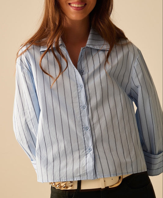 Cropped blouse met verticale strepen blauw - 100% katoen