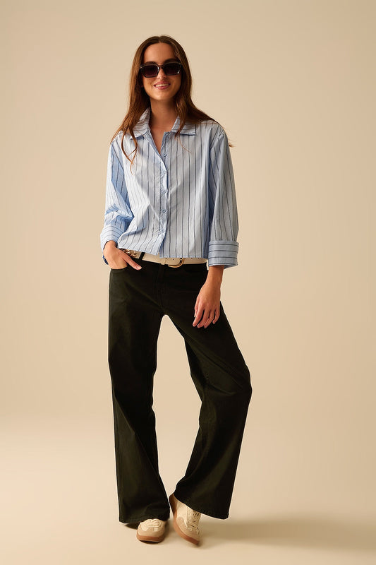 Cropped blouse met verticale strepen blauw - 100% katoen