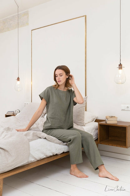 100% linnen pyjama lounge dames - safari groen