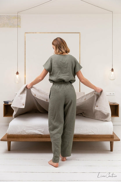 100% linnen pyjama lounge dames - safari groen