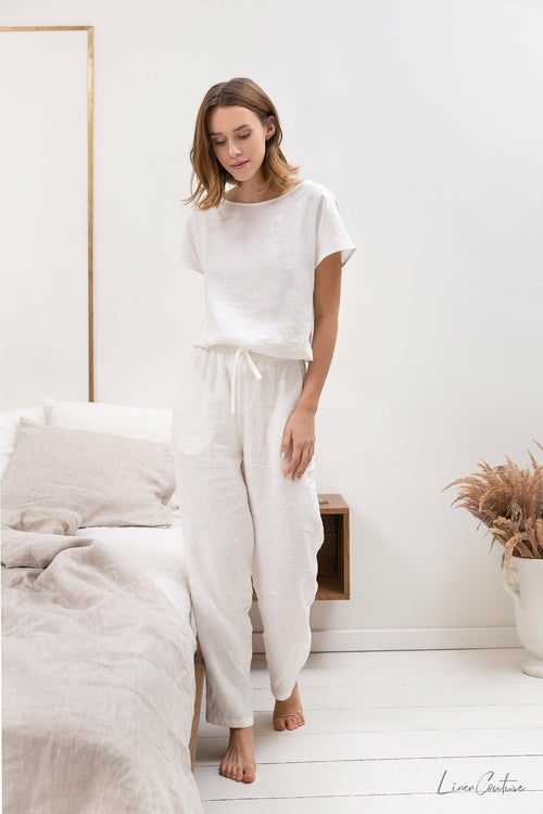 100% linnen pyjama lounge dames - wit