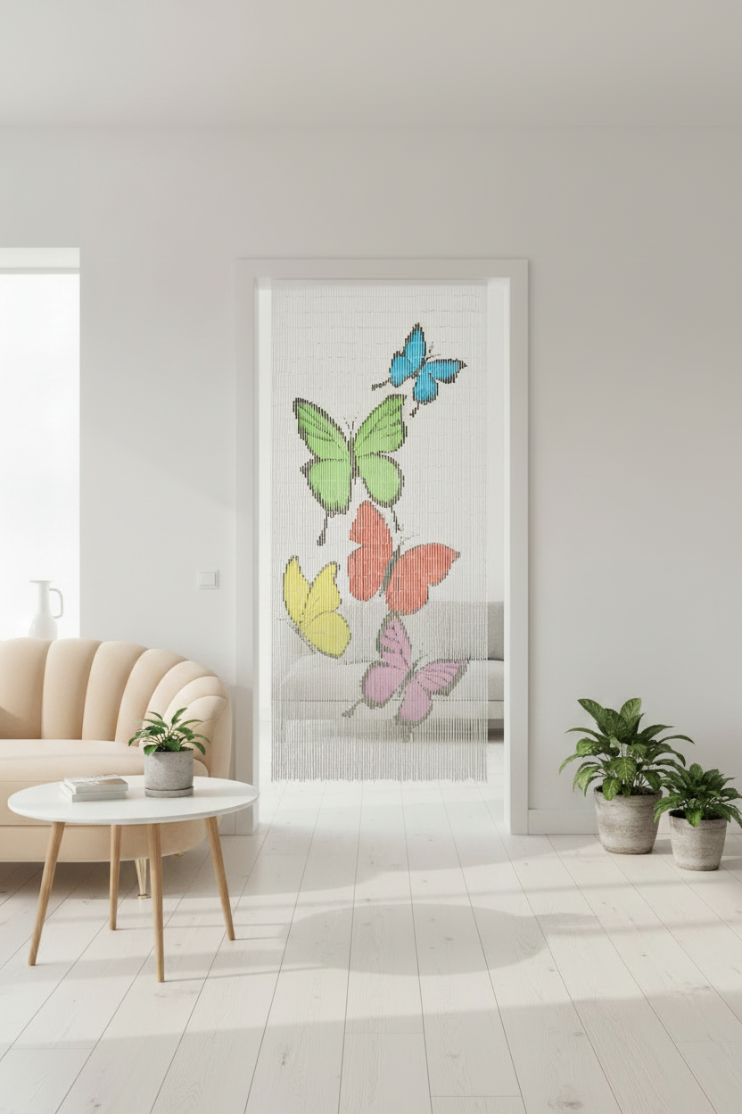 Gordijn van bamboe met vlinders design 90x200 cm - wit met kleuren patroon