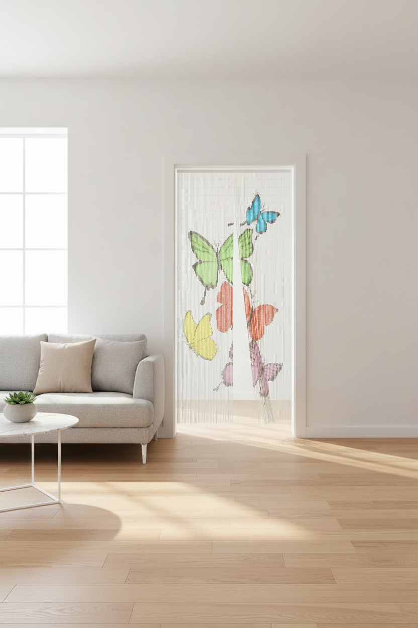 Gordijn van bamboe met vlinders design 90x200 cm - wit met kleuren patroon