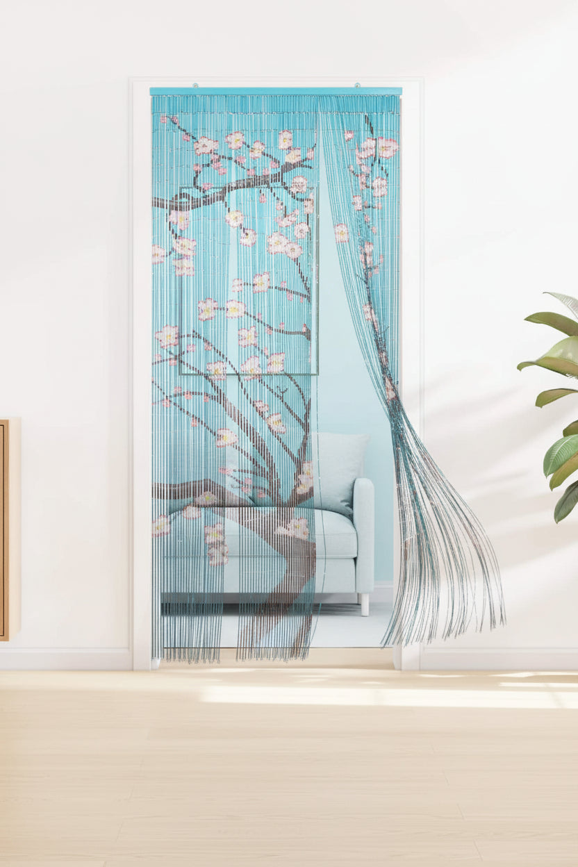 Modern gordijn van bamboe met Sakura bloemen design 90x200 cm - blauw, wit en roze