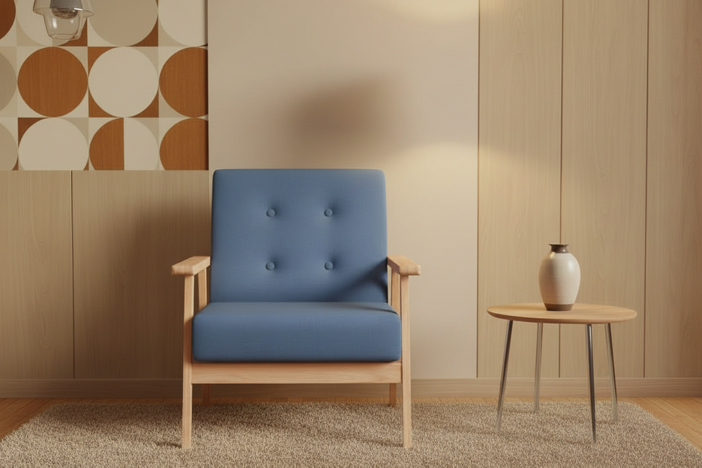 Vintage fauteuil van hout en stof - blauw