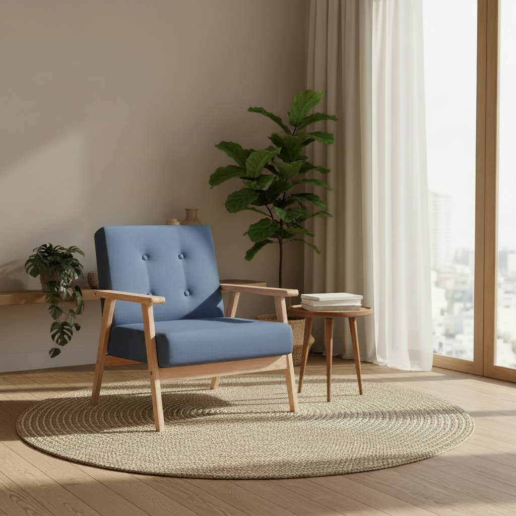 Vintage fauteuil van hout en stof - blauw