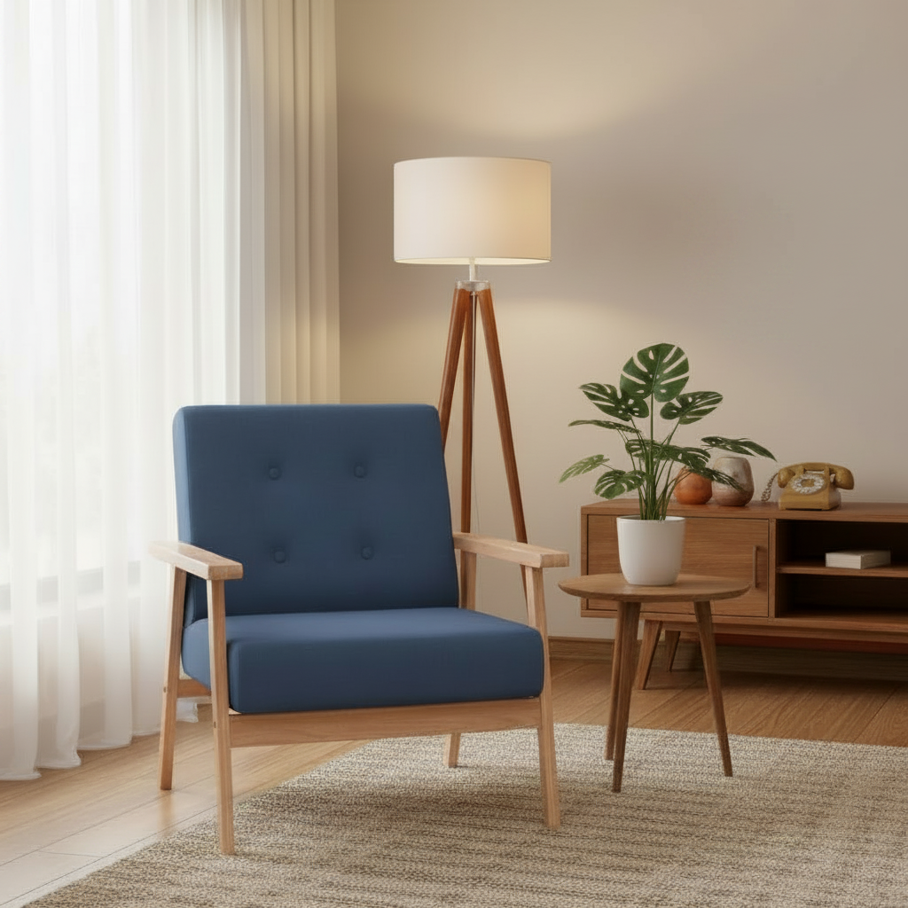 Vintage fauteuil van hout en stof - blauw
