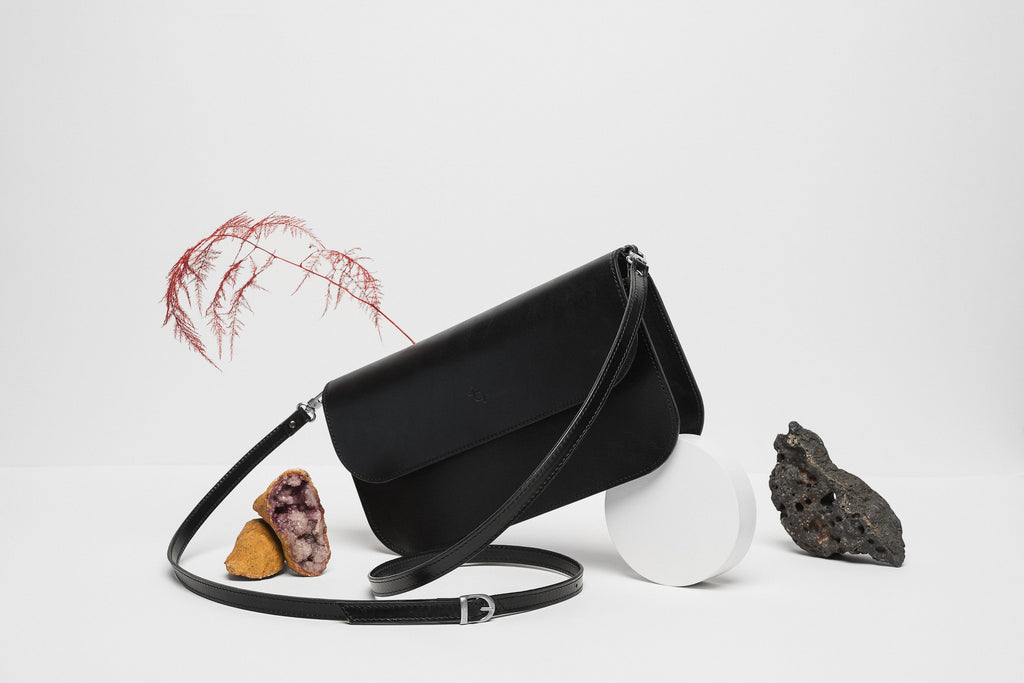 Leather Handbag Model Baguette with Two Straps - Black