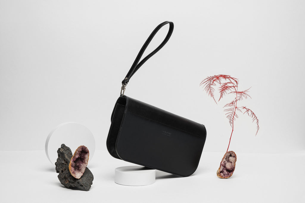 Leather Handbag Model Baguette with Two Straps - Black