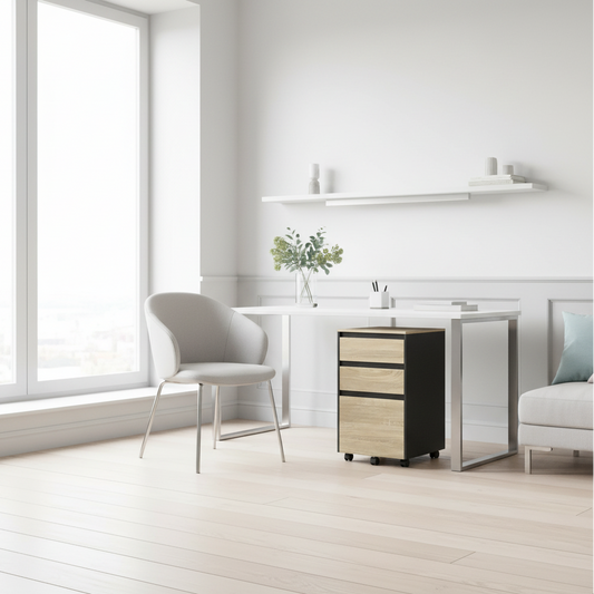 Mobiele archief kast compact met wielen en 3 lades - licht of rustiek donker hout