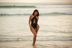 Designer monokini met strik detail - nacht zwart