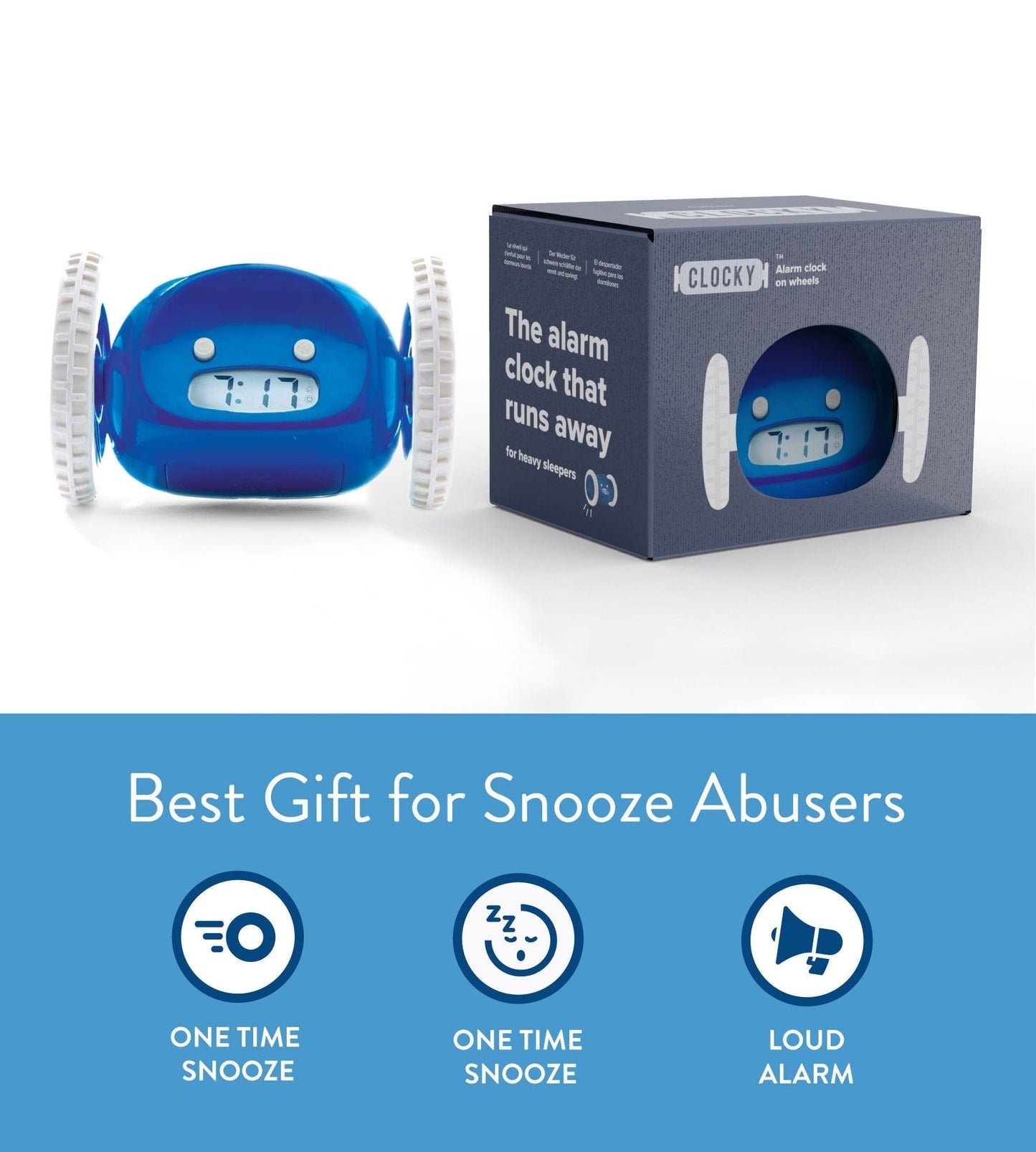 Digitaal alarm wekker op wielen - blauw