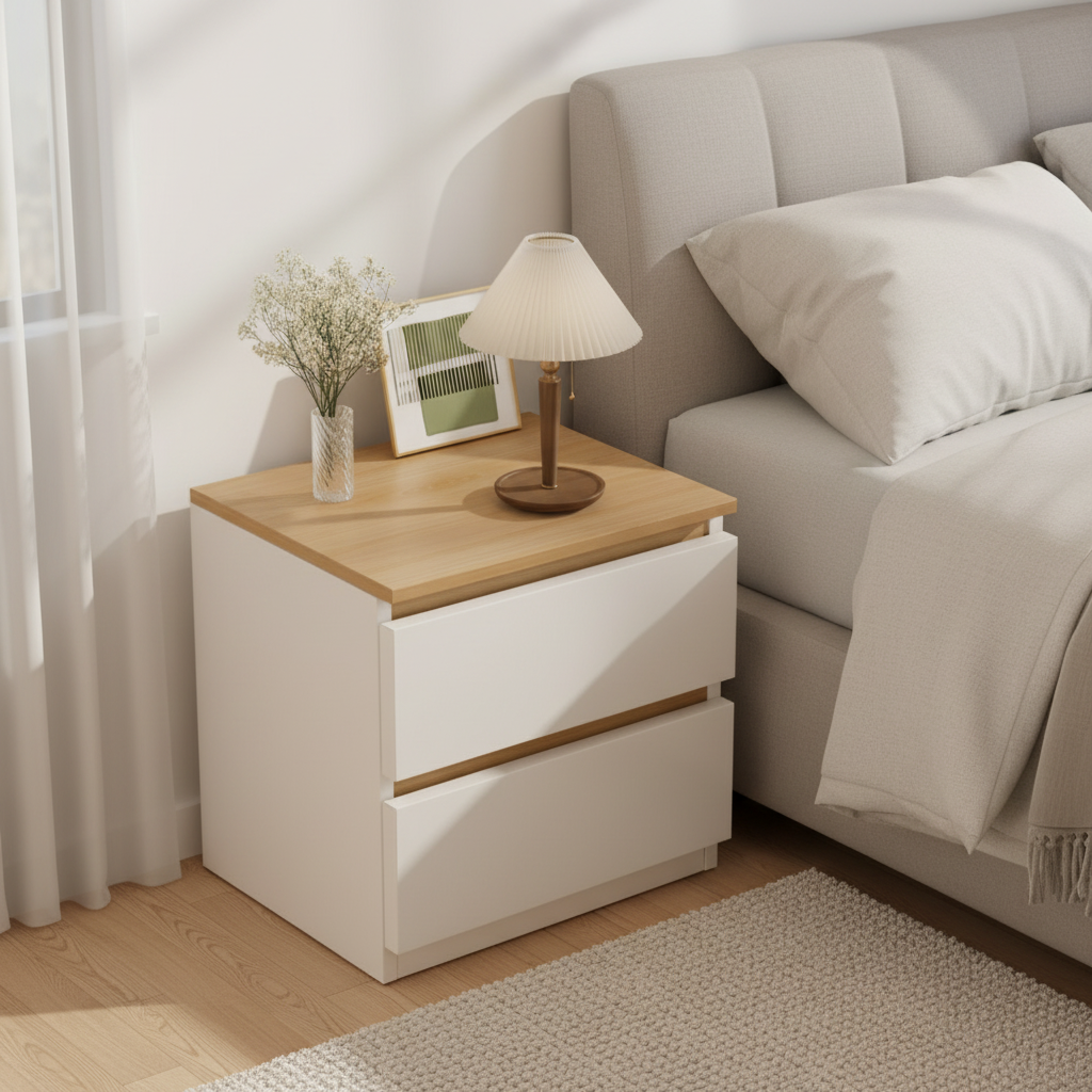 Nachtkastje met 2 lades hout - wit en bruin