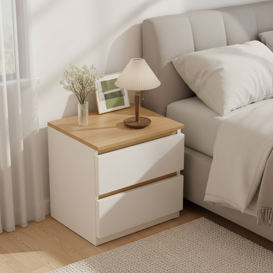 Nachtkastje met 2 lades hout - wit en bruin