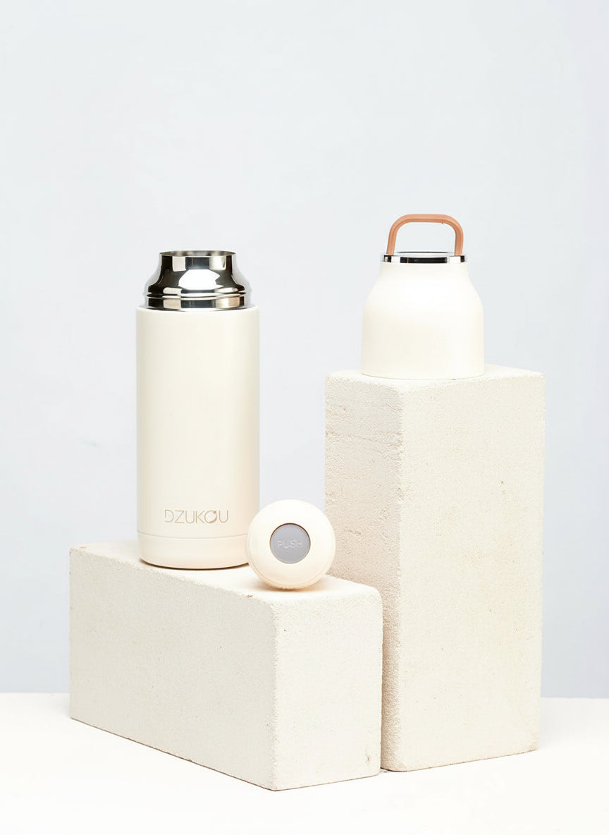 Thermos fles van roestvrij staal met drukknop 350 ml - beige wit of perzik