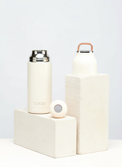 Thermos fles van roestvrij staal met drukknop 350 ml - beige wit of perzik