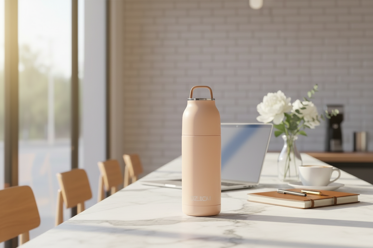 Thermos fles van roestvrij staal met drukknop 350 ml - beige wit of perzik