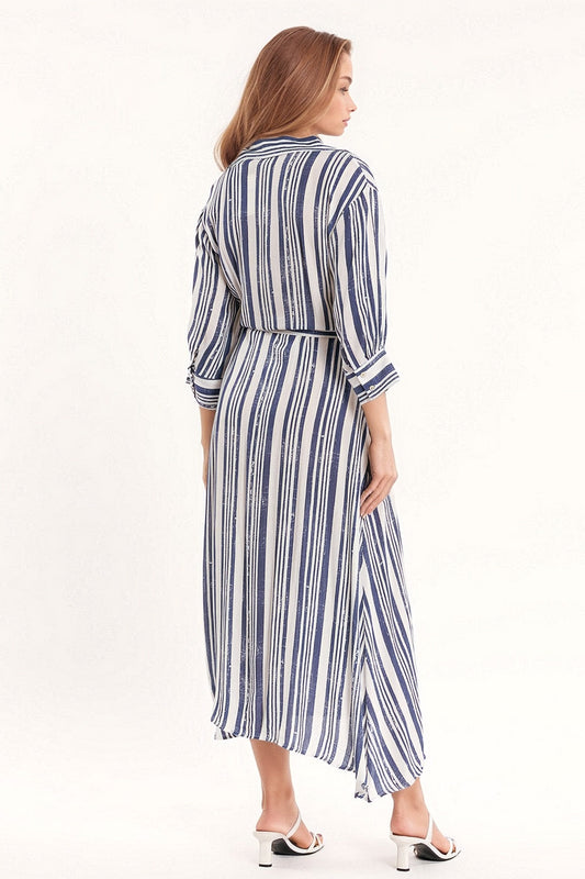 Maxi overhemd jurk gestreept - wit en blauw