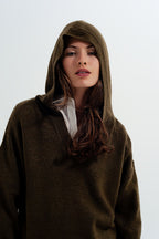 V-hals trui met hoodie - donker bruin